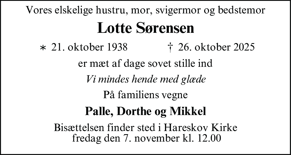 Dødsannonce for Lotte Sørensen