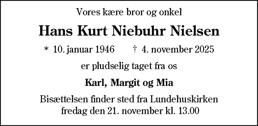 Dødsannonce for Hans Kurt Niebuhr Nielsen