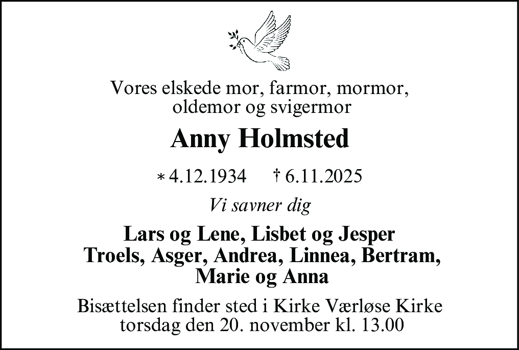 Dødsannonce for Anny Holmsted