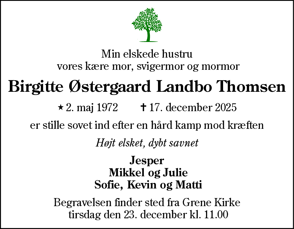 Dødsannonce for Birgitte Østergaard Thomsen