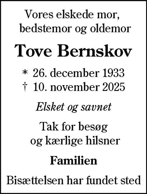 Dødsannonce for Tove Birgit Bernskov