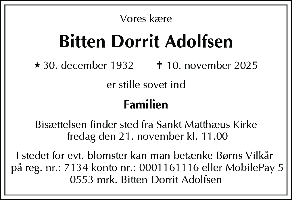 Dødsannonce for Bitten Dorrit Adolfsen