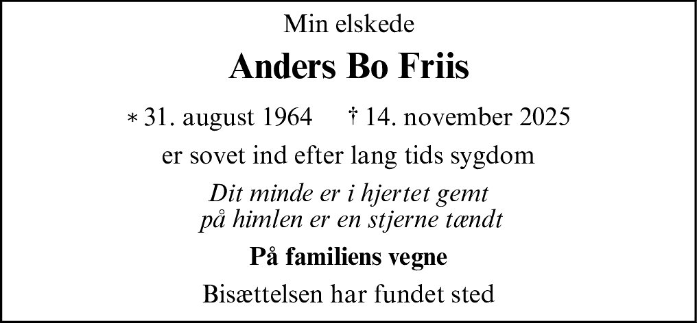 Dødsannonce for Anders Bo Friis