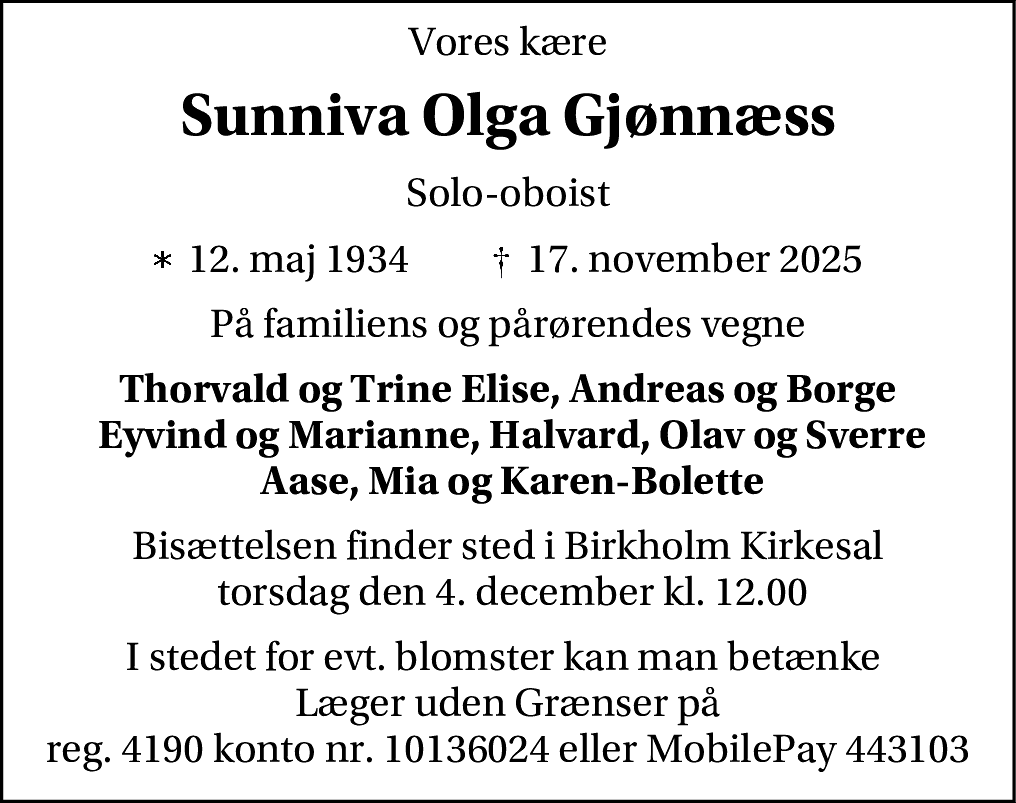 Dødsannonce for Sunniva Olga Gjønnæss