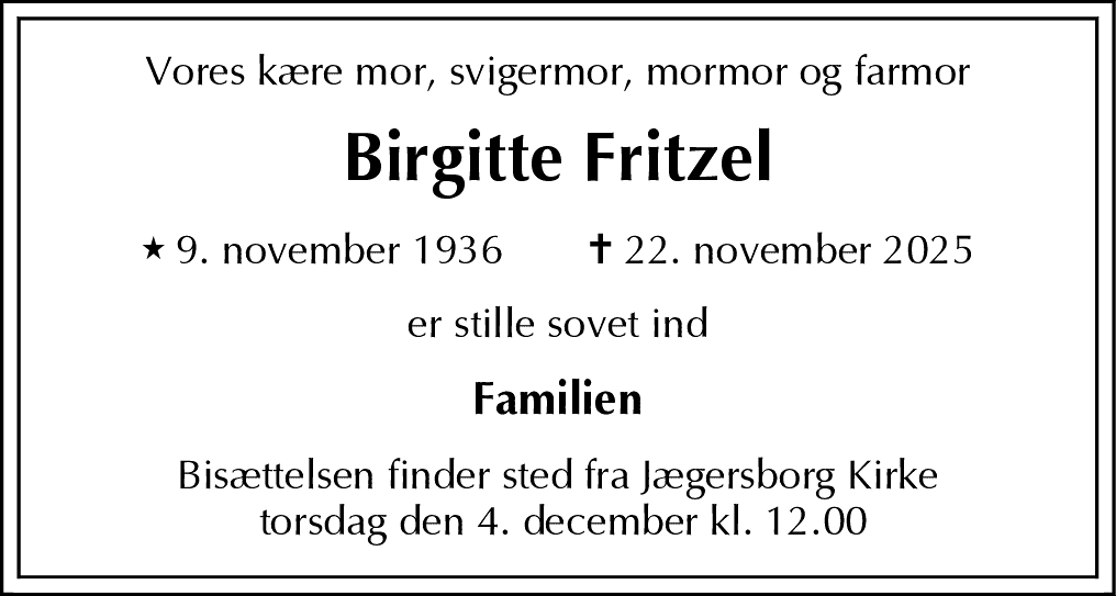 Dødsannonce for Birgitte Fritzel