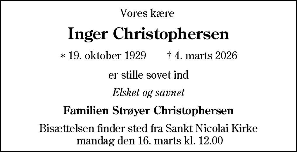 Dødsannonce for Inger Christophersen