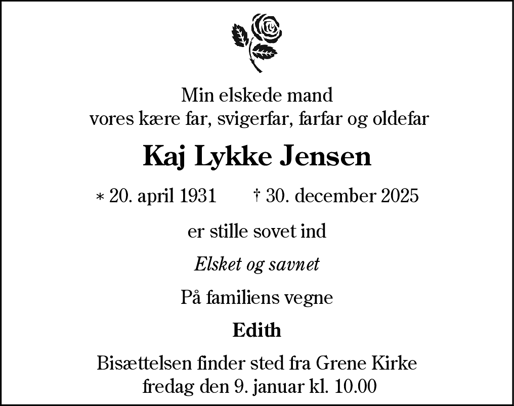 Dødsannonce for Kaj Lykke Jensen