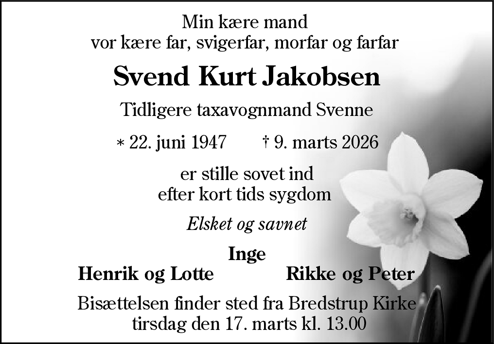 Dødsannonce for Svend Kurt Jakobsen