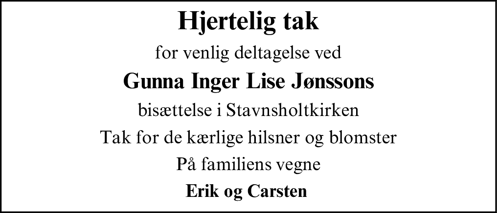 Dødsannonce for Gunna Inger Lise Jønsson