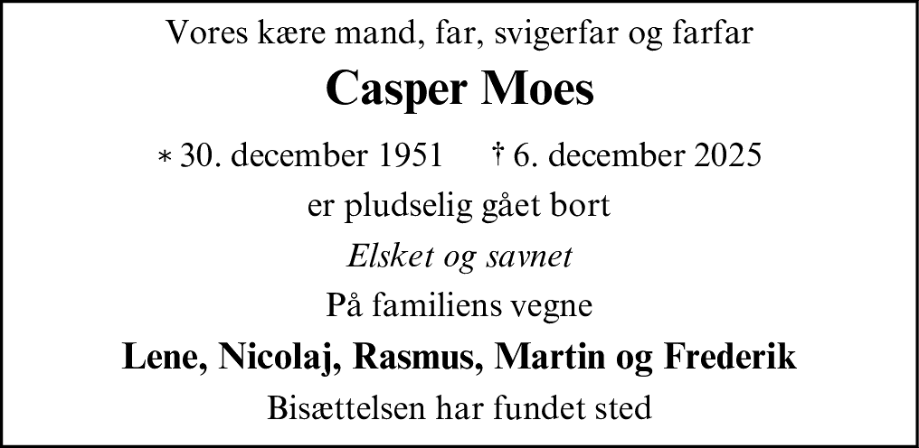 Dødsannonce for Casper Moes