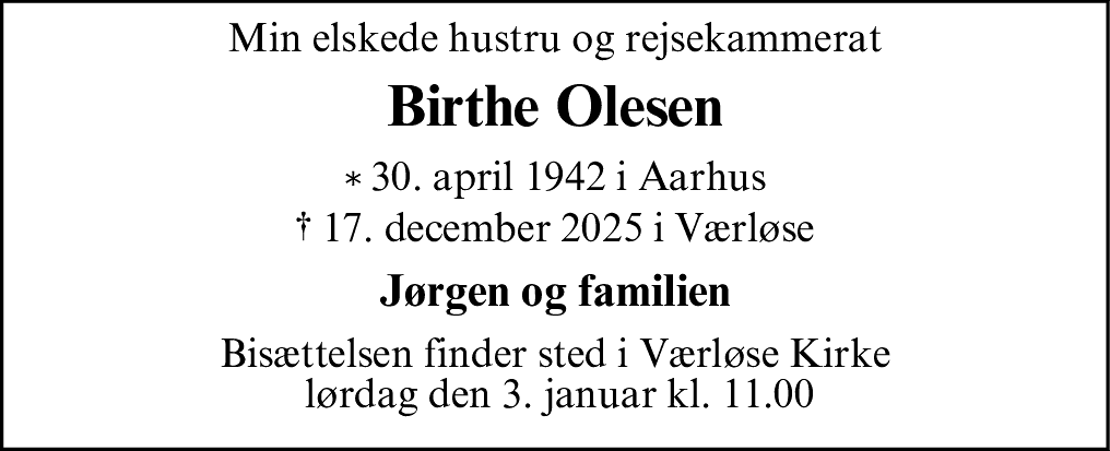 Dødsannonce for Birthe Olesen
