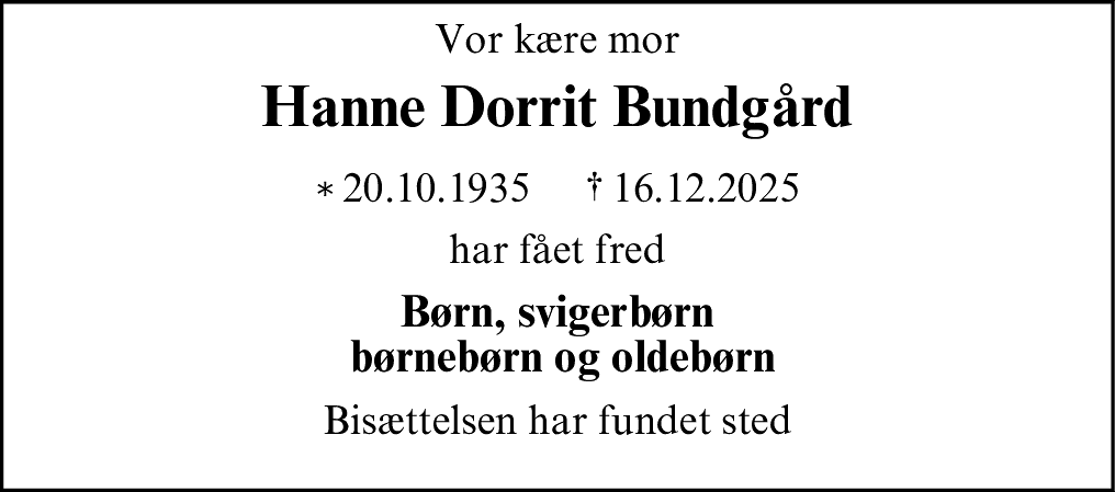 Dødsannonce for Hanne Dorrit Bundgård