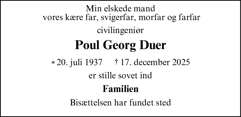 Dødsannonce for Poul Georg Duer