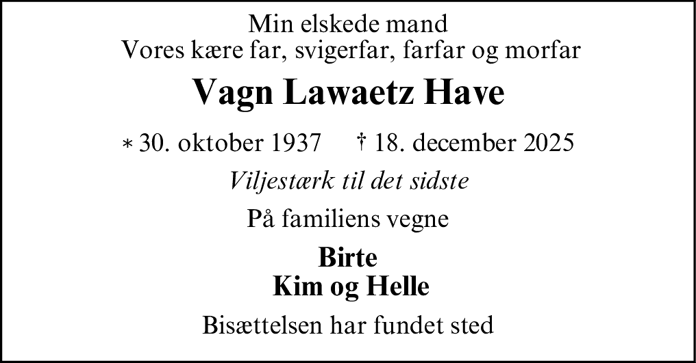 Dødsannonce for Vagn Lawaetz Have