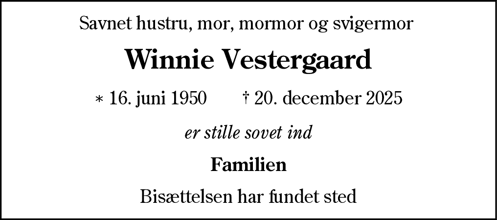 Dødsannonce for Winnie Vestergaard