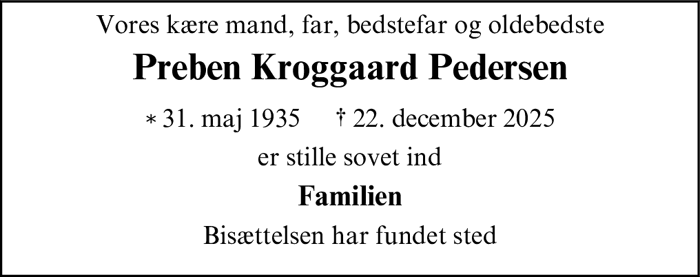 Dødsannonce for Preben Kroggaard Pedersen