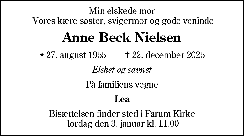 Dødsannonce for Anne Beck Nielsen