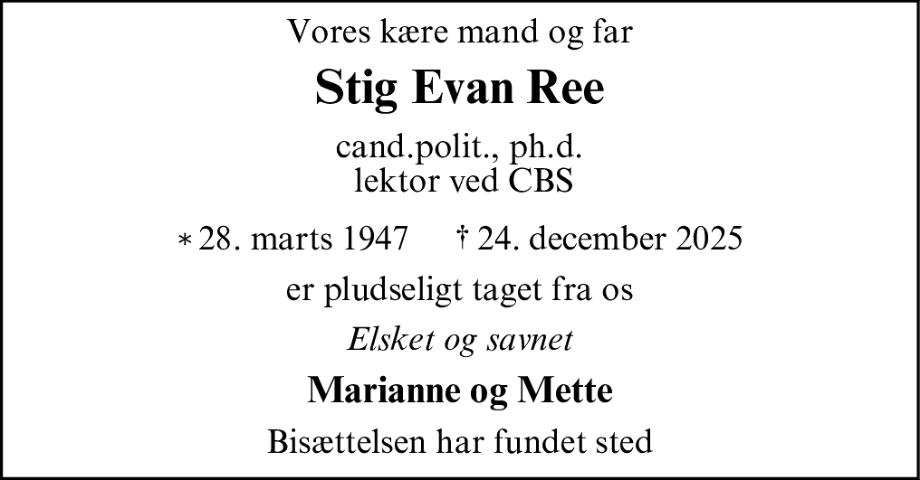 Dødsannonce for Stig Evan Ree