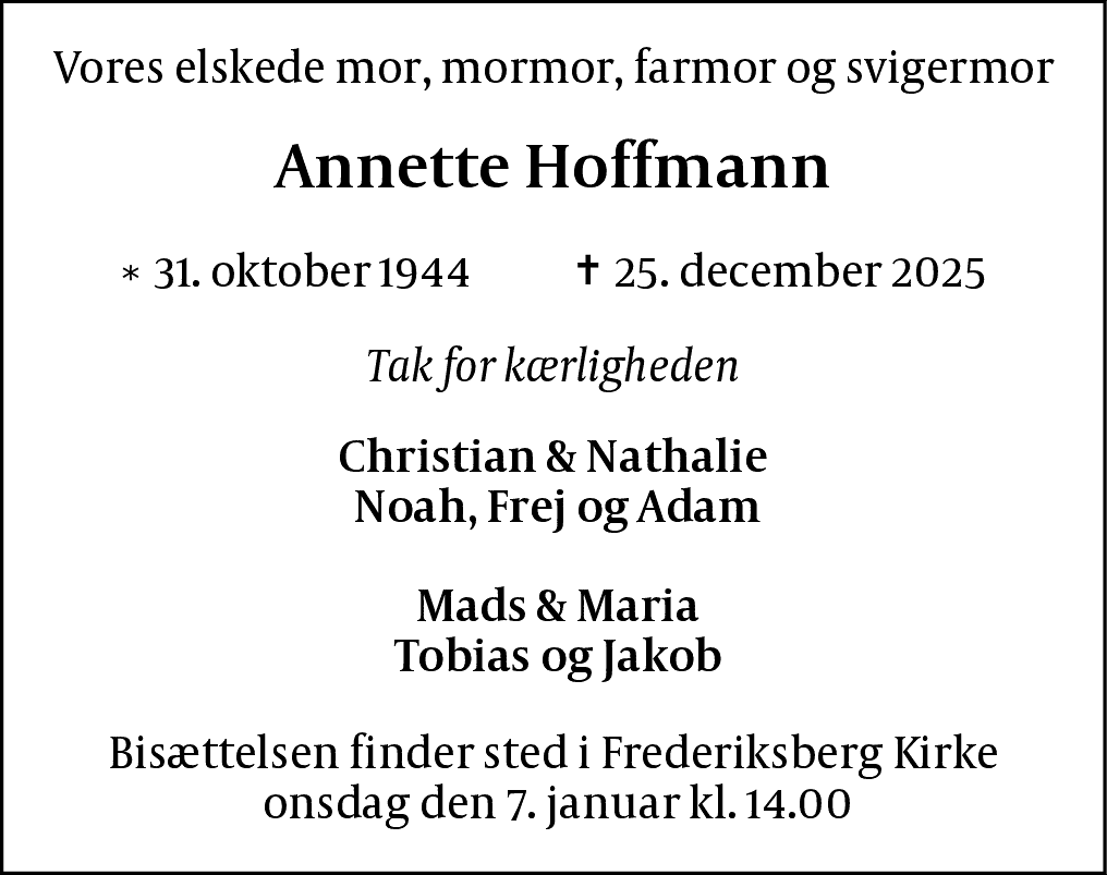 Dødsannonce for Annette Hoffmann