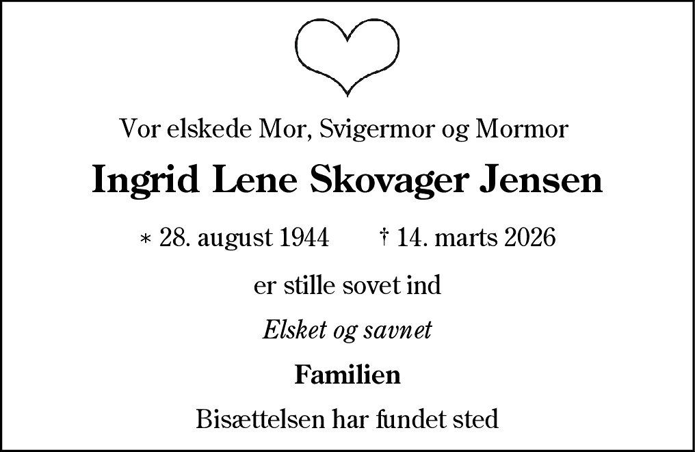 Dødsannonce for Ingrid Lene Skovager Jensen