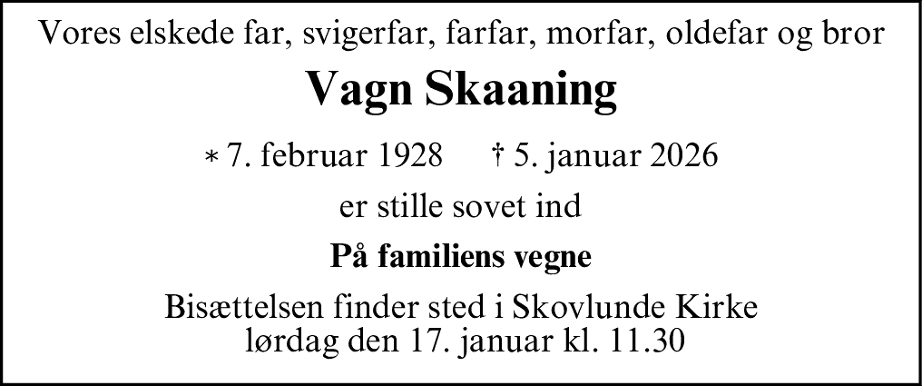 Dødsannonce for Vagn Skaaning