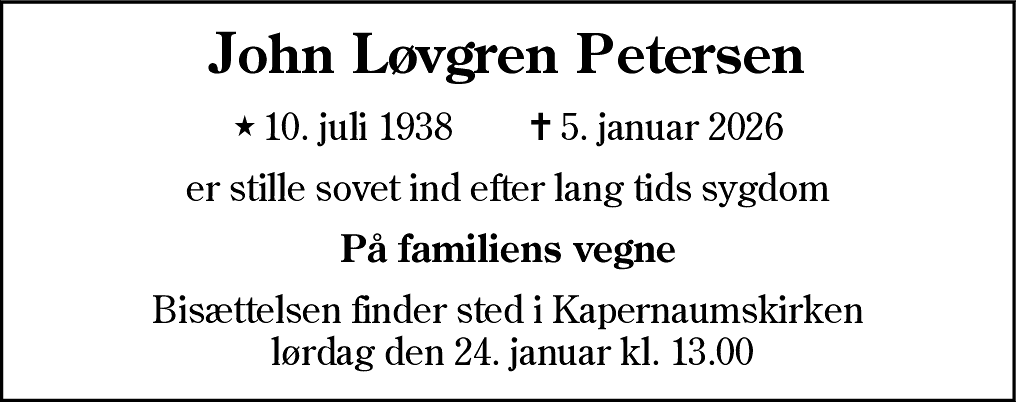 Dødsannonce for John Løvgren Petersen
