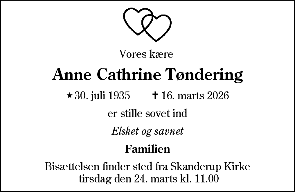 Dødsannonce for Anne Cathrine Tøndering