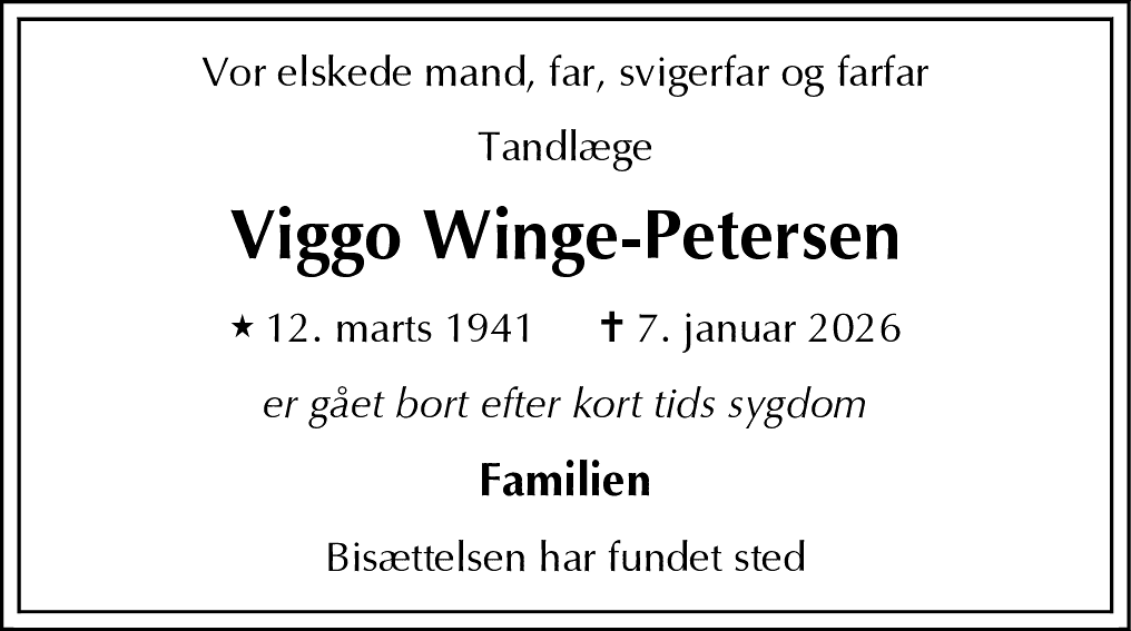 Dødsannonce for Viggo Winge-Petersen