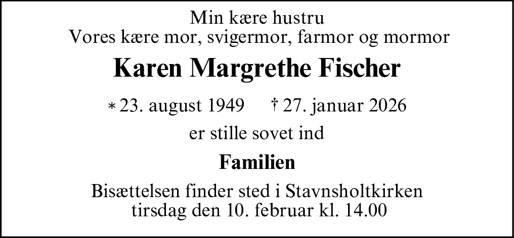 Dødsannonce for Karen Margrethe Fischer