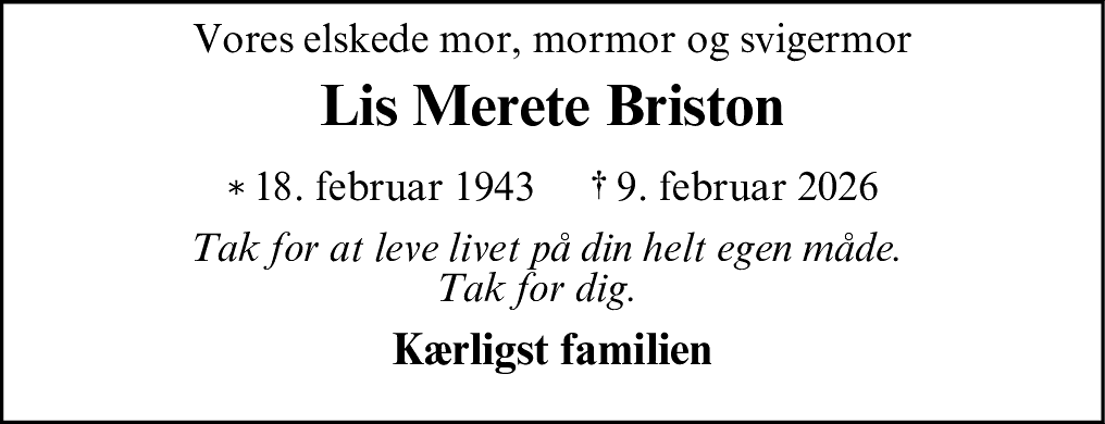 Dødsannonce for Lis Merete Briston