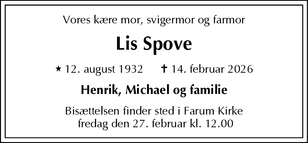 Dødsannonce for Lis Spove