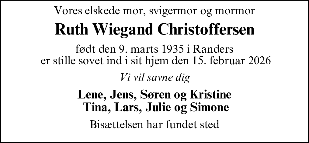 Dødsannonce for Ruth Wiegand Christoffersen