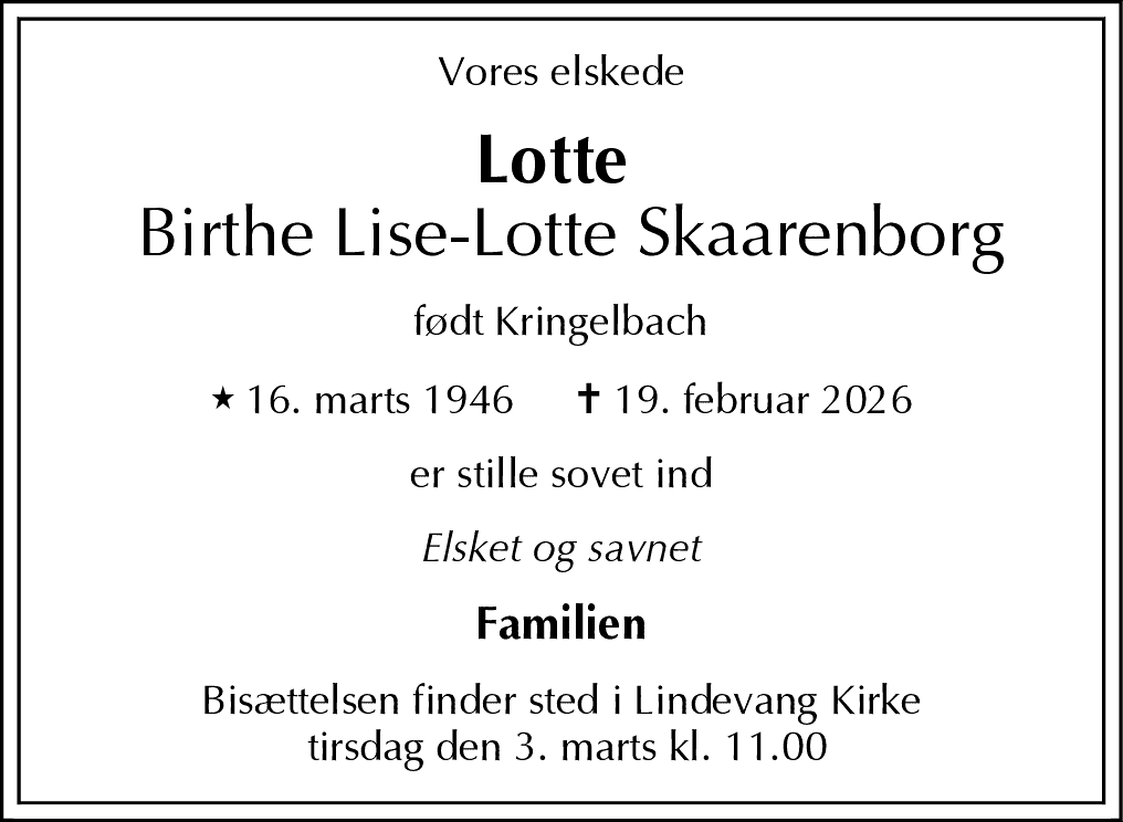 Dødsannonce for Birthe Lise-Lotte Skaarenborg