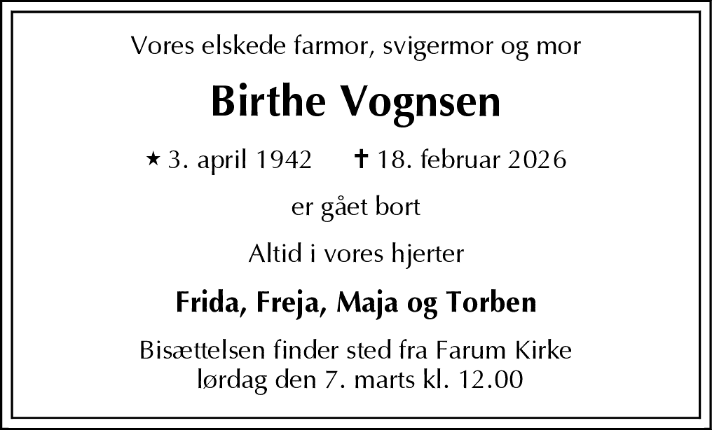 Dødsannonce for Birthe Vognsen