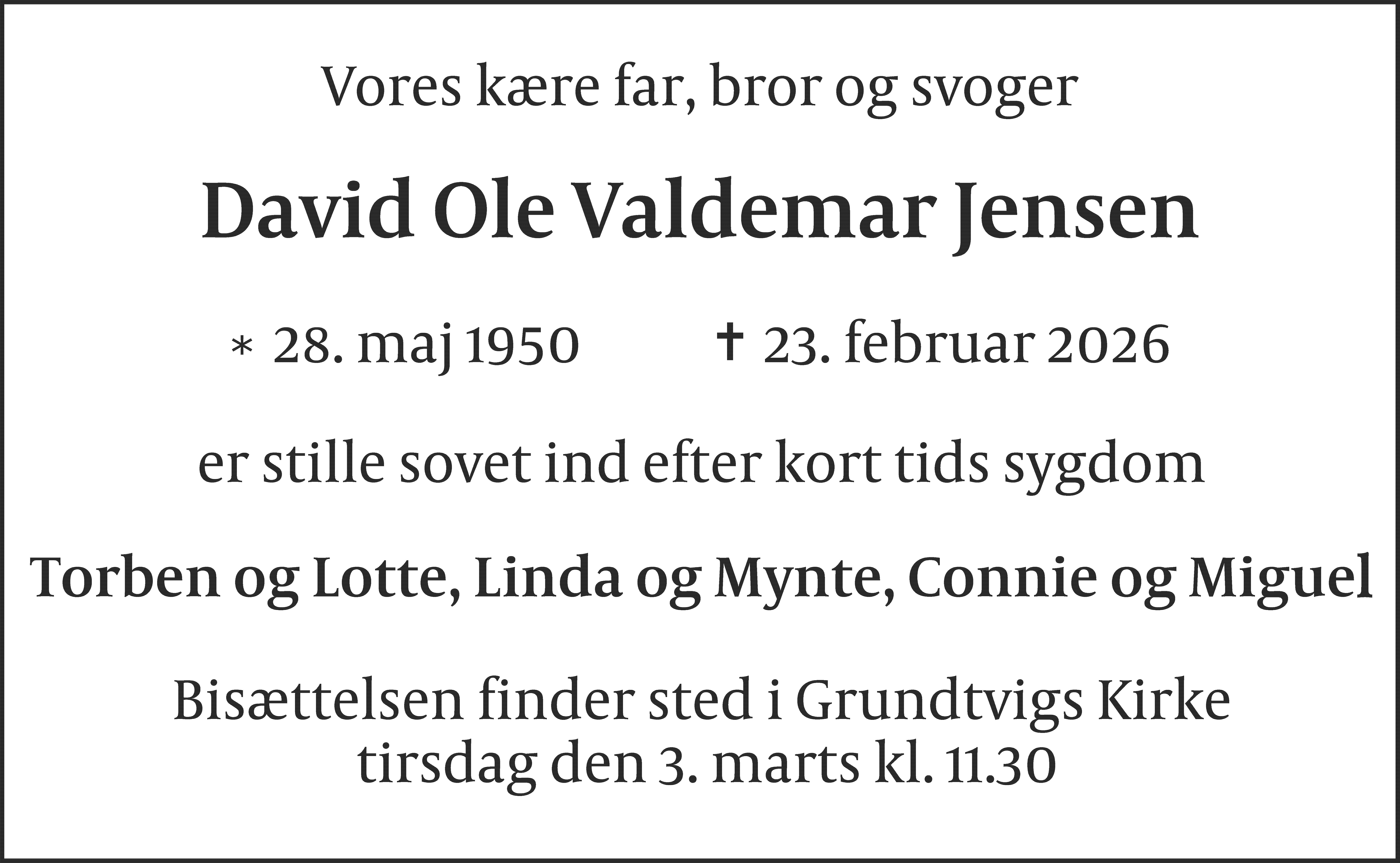 Dødsannonce for David Ole Valdemar Jensen