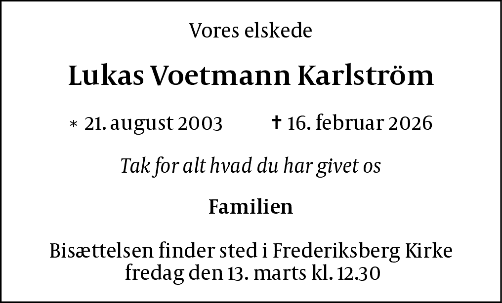 Dødsannonce for Lukas Voetmann Karlström
