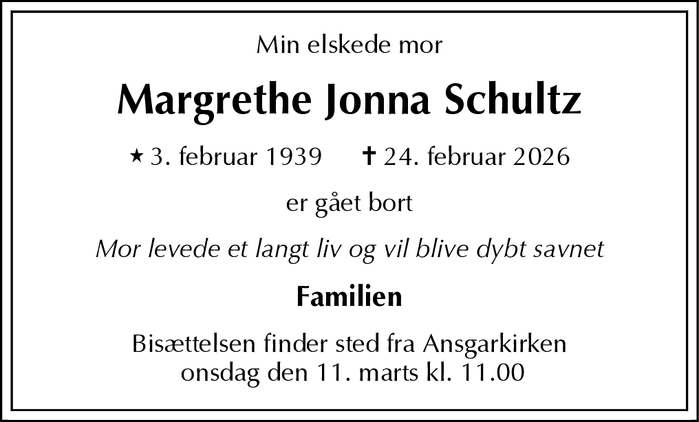 Dødsannonce for Margrethe Jonna Schultz