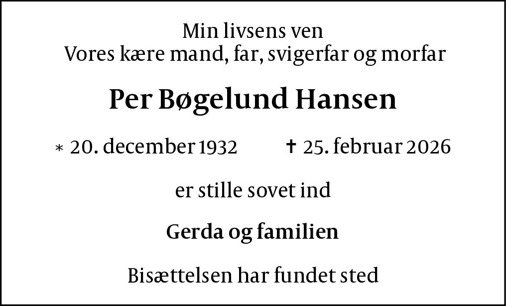 Dødsannonce for Per Bøgelund Hansen