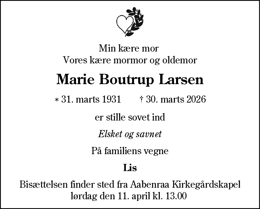 Dødsannonce for Marie Boutrup Larsen