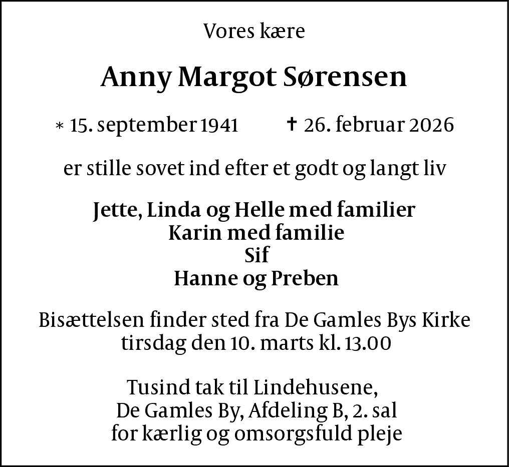 Dødsannonce for Anny Margot Sørensen