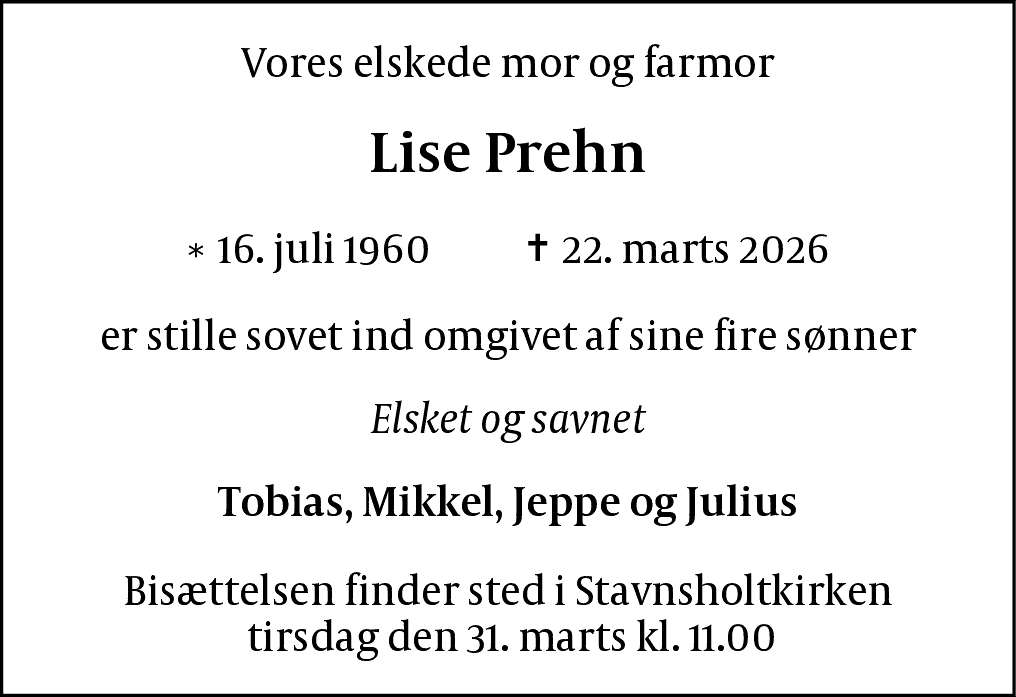 Dødsannonce for Lise Prehn