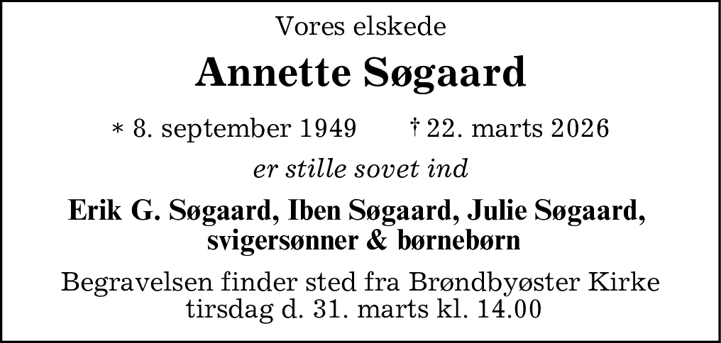 Dødsannonce for Annette Søgaard