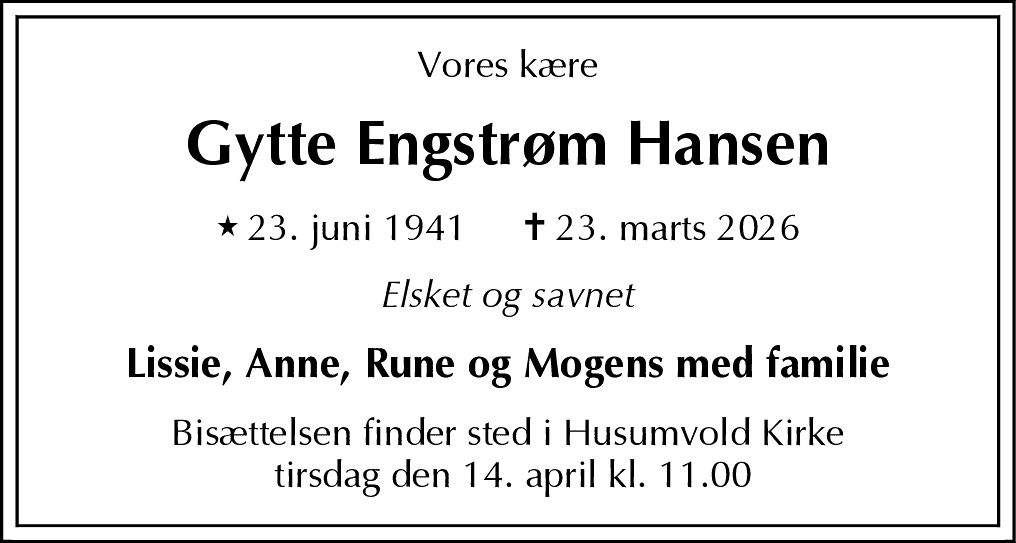 Dødsannonce for Gytte Engstrøm Hansen