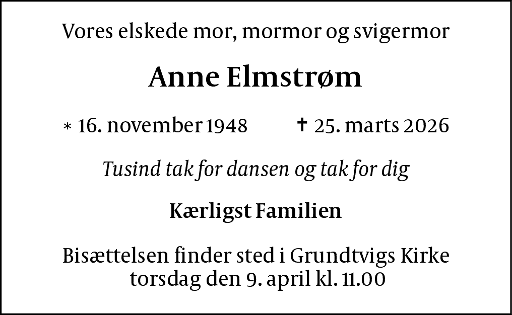 Dødsannonce for Anne Elmstrøm