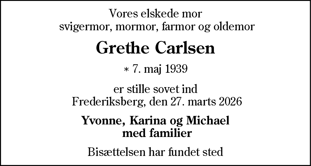 Dødsannonce for Grethe Møller Carlsen