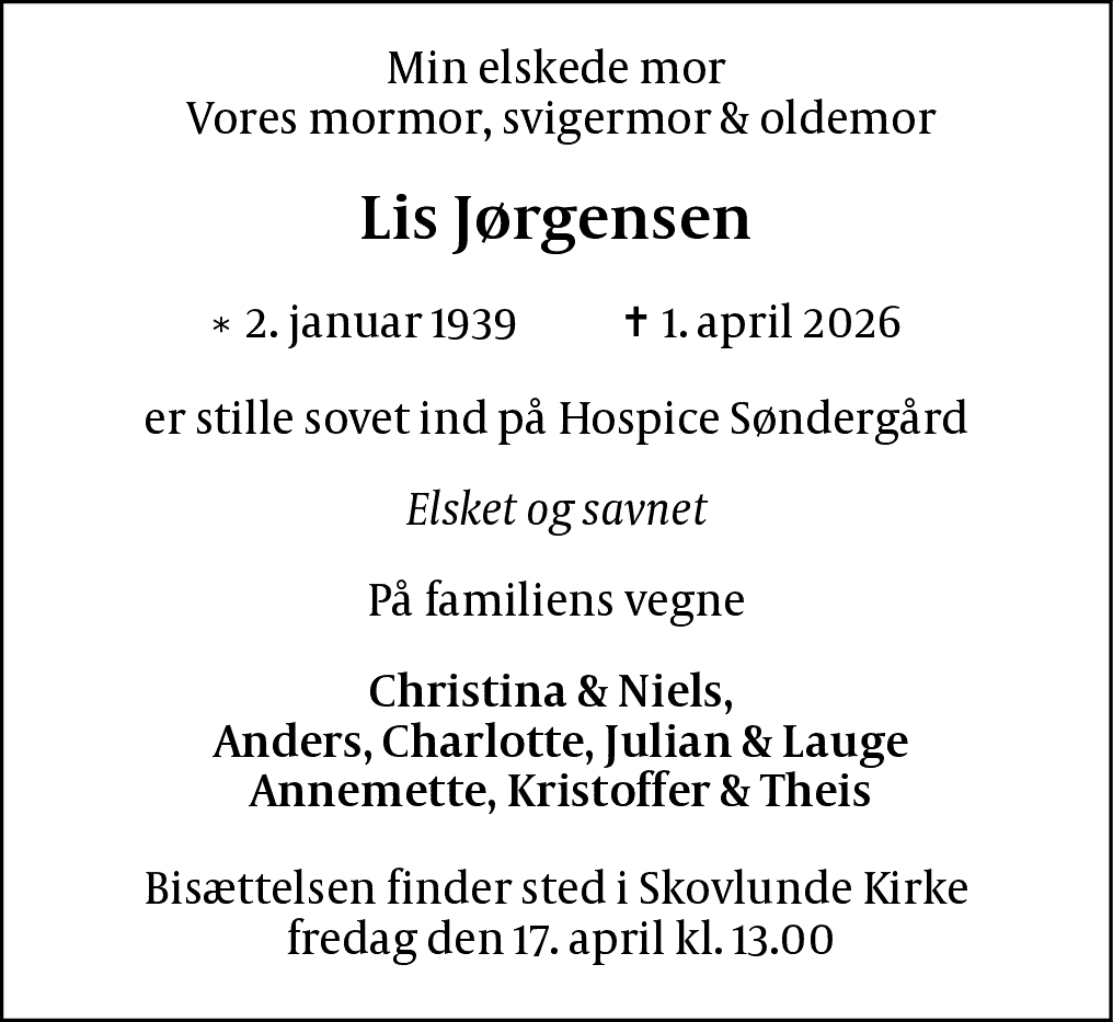 Dødsannonce for Lis Jørgensen