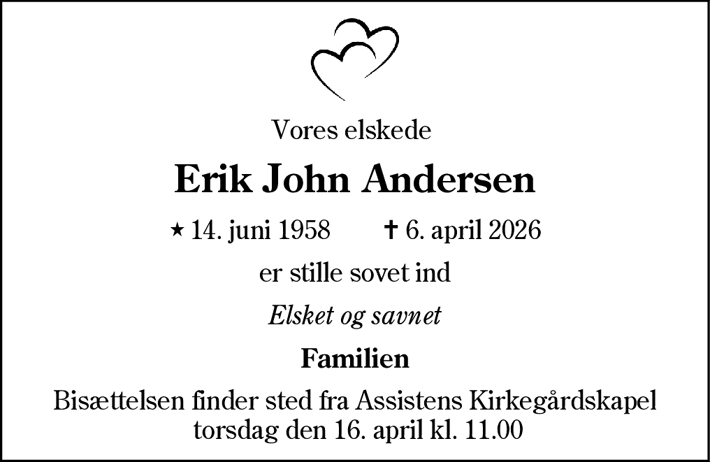 Dødsannonce for Erik John Andersen