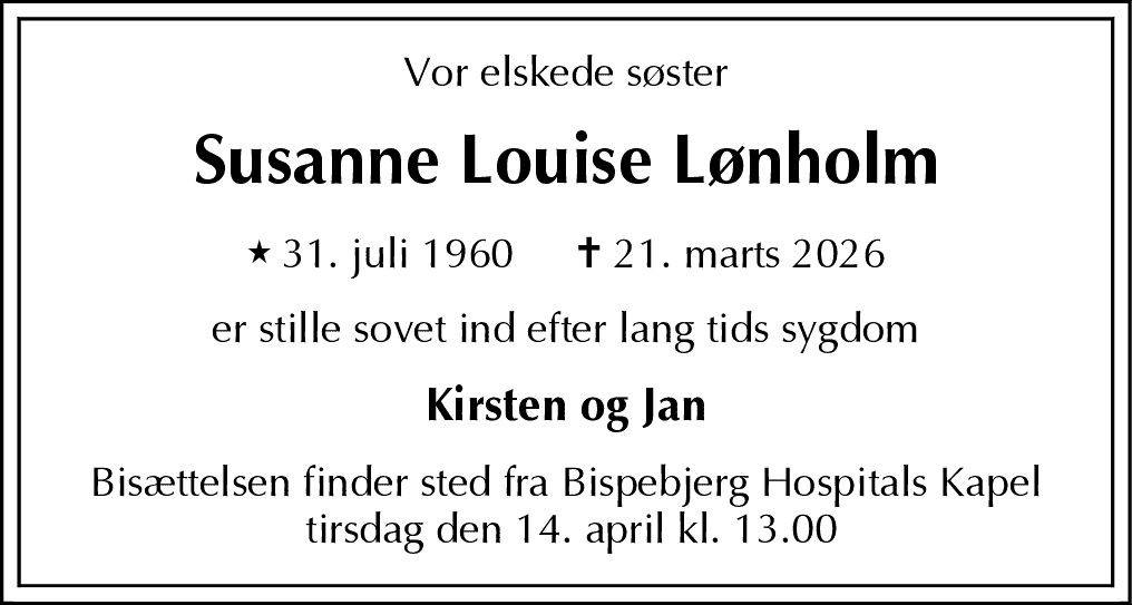Dødsannonce for Susanne Louise Lønholm
