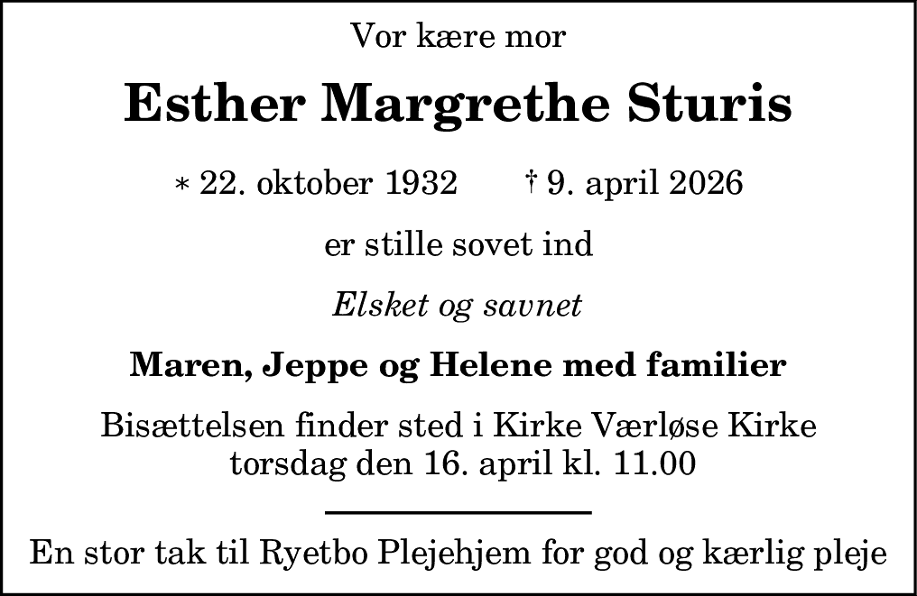 Dødsannonce for Esther Margrethe Sturis