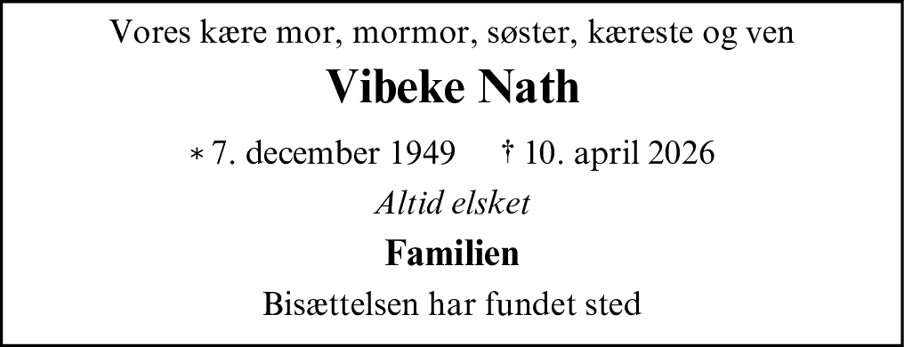 Dødsannonce for Vibeke Isa May Nath